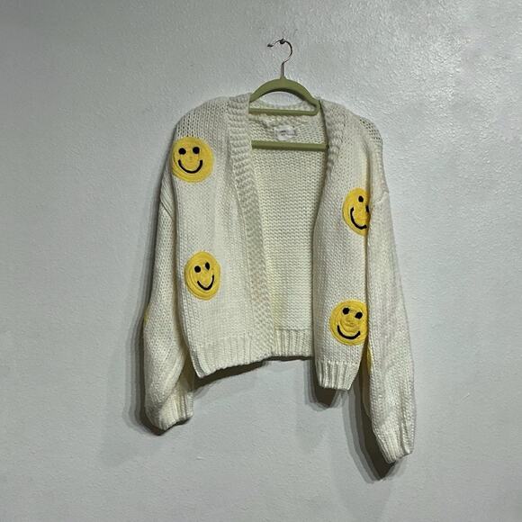 Luna Ivy White Smiley Face Chunky Knit Open Cardigan Sz M - Picture 2 of 11
